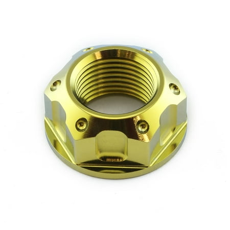 Gold titanium swingarm pivot flanged nut with a hexagonal design, featuring a shiny finish and threaded interior for secure attachment.