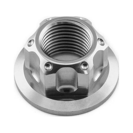 Silver titanium swingarm pivot flanged nut with a polished finish, featuring a threaded interior and a circular base for secure attachment.