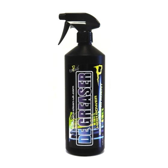 Black plastic spray bottle with a trigger nozzle, labeled "DEGREASER" in bold white and green text, featuring a bright yellow graphic and a 1-liter capacity.