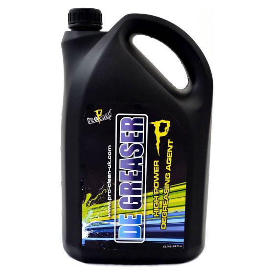 Black plastic jug containing 25 liters of Pro Clean De-Greaser, featuring bold blue and yellow text, a handle for easy pouring, and a screw-on cap.