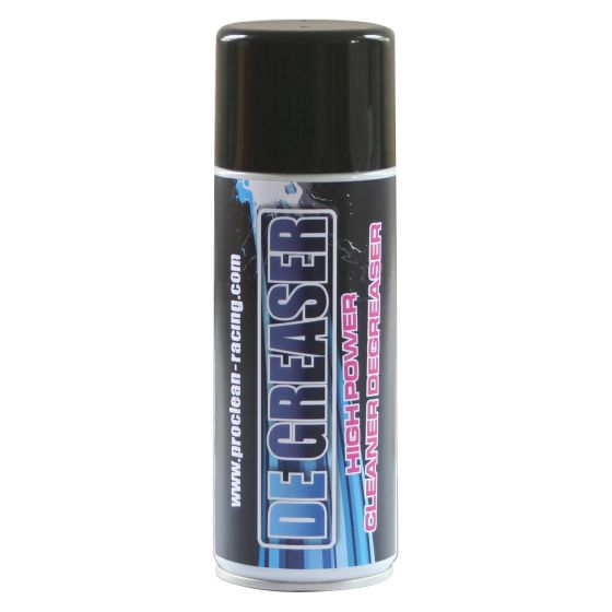 Black aerosol can with a glossy finish, featuring bold white and blue text that reads "DEGREASER" and "HIGH POWER," designed for effective cleaning in a 400 ML size.