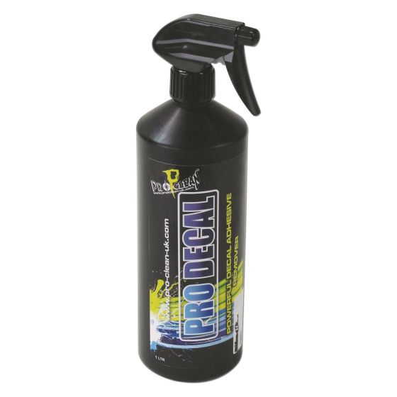 Black plastic spray bottle labeled "Pro Decal" with a blue and yellow design, featuring a trigger spray nozzle, containing 1 liter of adhesive remover.