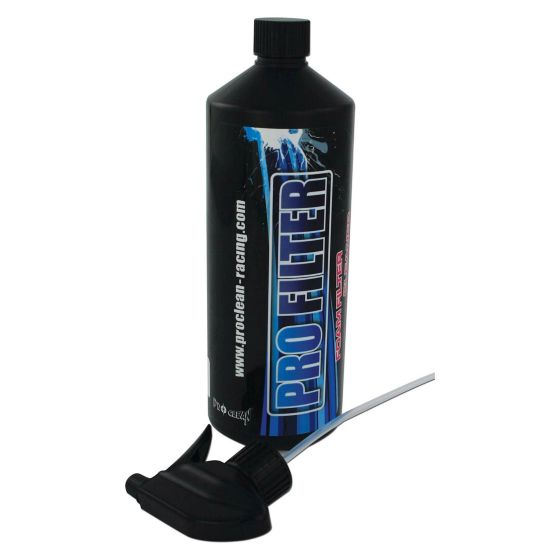 Black plastic bottle with a blue and white label reading "PRO FILTER," featuring a black cap and a nozzle attached by a flexible tube for easy dispensing.