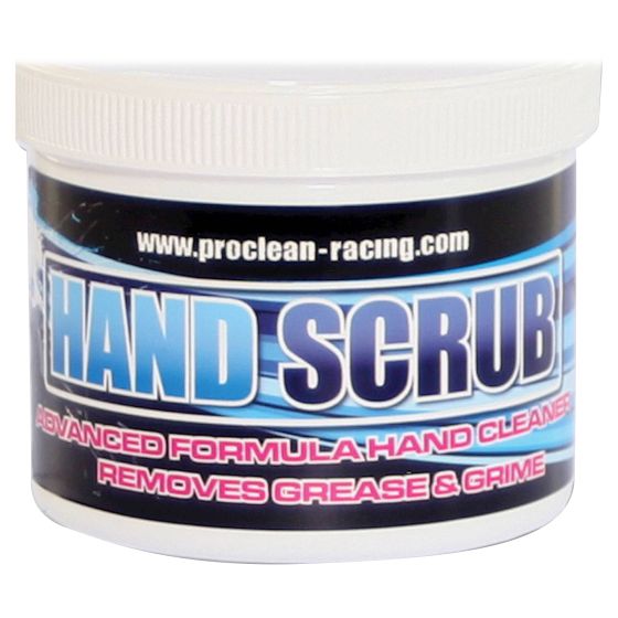 White plastic container with a blue and black label, featuring bold text "HAND SCRUB" and "ADVANCED FORMULA HAND CLEANER," designed to remove grease and grime, 500 ML size.