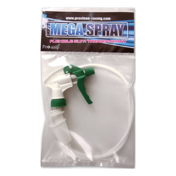 Pro Clean Mega-Spray features a white and green trigger spray nozzle, designed for 5-liter containers, packaged in a clear plastic bag with a colorful header.