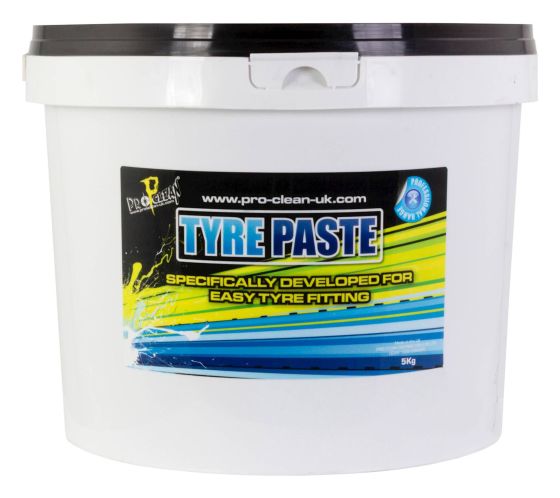 White plastic bucket with a black lid, labeled "TYRE PASTE" in bold blue and yellow text, containing 5 Kg of product for easy tyre fitting.