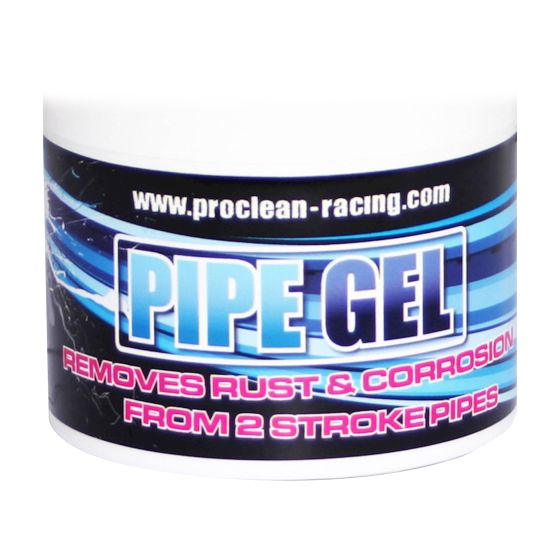 Pro Clean Pipe-Gel in a white container with a blue and black label, featuring bold text stating "PIPE GEL" and "REMOVES RUST & CORROSION FROM 2 STROKE PIPES," 250 ML size.