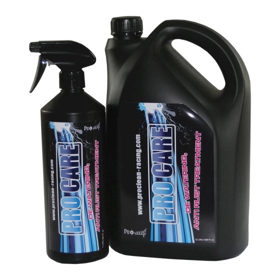 Two black plastic containers labeled "PRO CARE" in bold blue and white text, one spray bottle and one larger jug, both designed for anti-rust treatment.