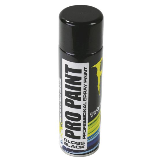 Gloss black spray paint can with a sleek design, featuring bold "Pro Paint" branding and a vibrant color scheme, ideal for professional painting projects.