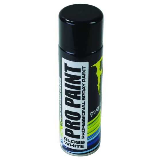 Gloss white spray paint canister with a black cap, featuring bold "PRO PAINT" text and a vibrant logo, designed for professional use.