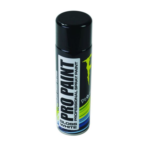 Grey spray primer can with a sleek black cap, featuring bold "PRO PAINT" branding in vibrant colors, designed for professional use in painting projects.