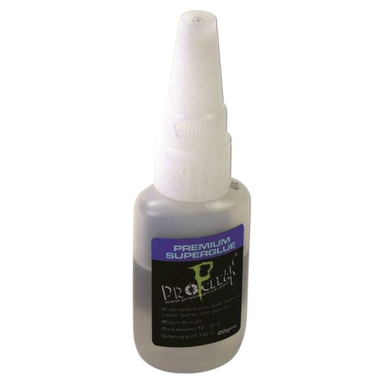 Clear plastic bottle with a white nozzle cap, labeled "Pro Clean Superglue - 20 G" in blue and black text, featuring a sleek design and a compact size for easy handling.