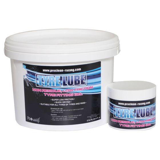 Pro Clean Tyre Lube in a white plastic container, featuring a blue and black label, available in 2.5 liters, designed for low friction and quick drying for tyre fitting.