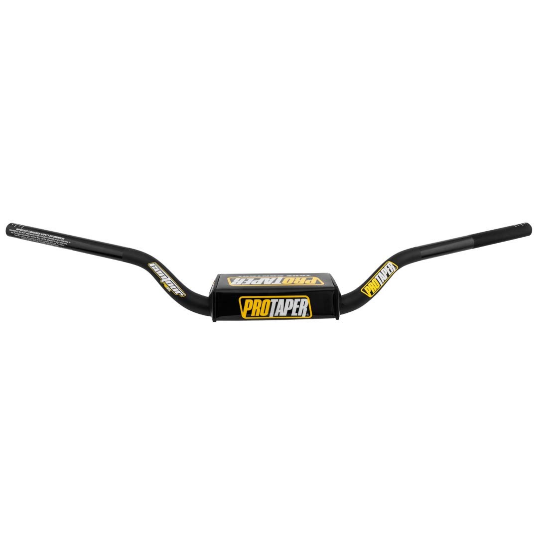 Black Pro Taper Contour Quad handlebars with a high bend design, featuring a sturdy aluminum construction and a central pad displaying the Pro Taper logo in yellow and white.