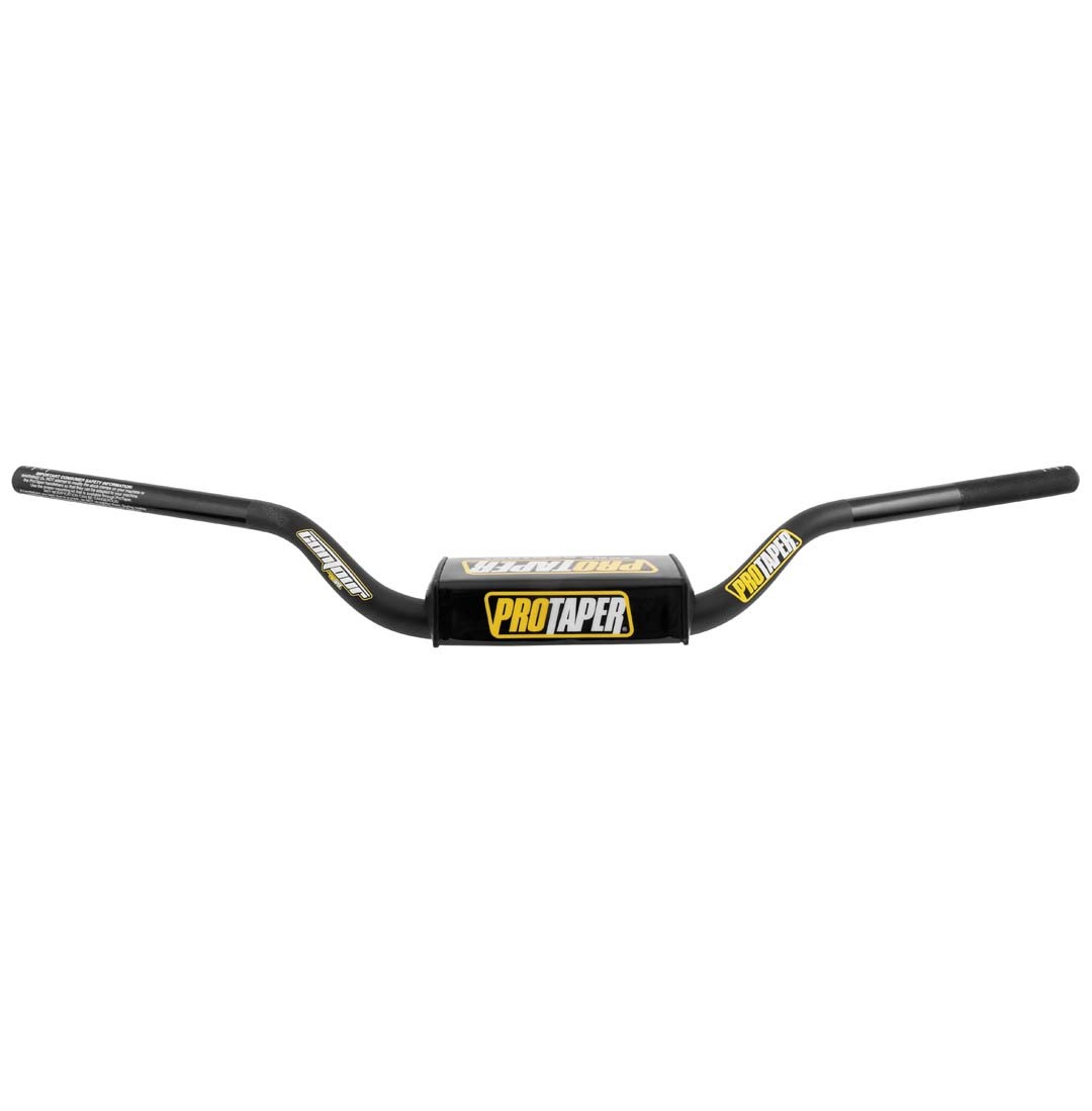 Black Pro Taper Contour Quad Handlebars with a medium bend, featuring a sturdy aluminum construction and a prominent yellow logo on the center.