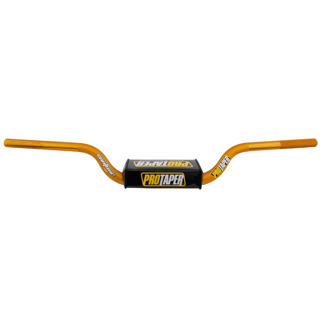 Pro Taper Contour handlebars in gold with Mini Bends Hi design, featuring a black Pro Taper logo on the center pad and a sturdy aluminum construction.