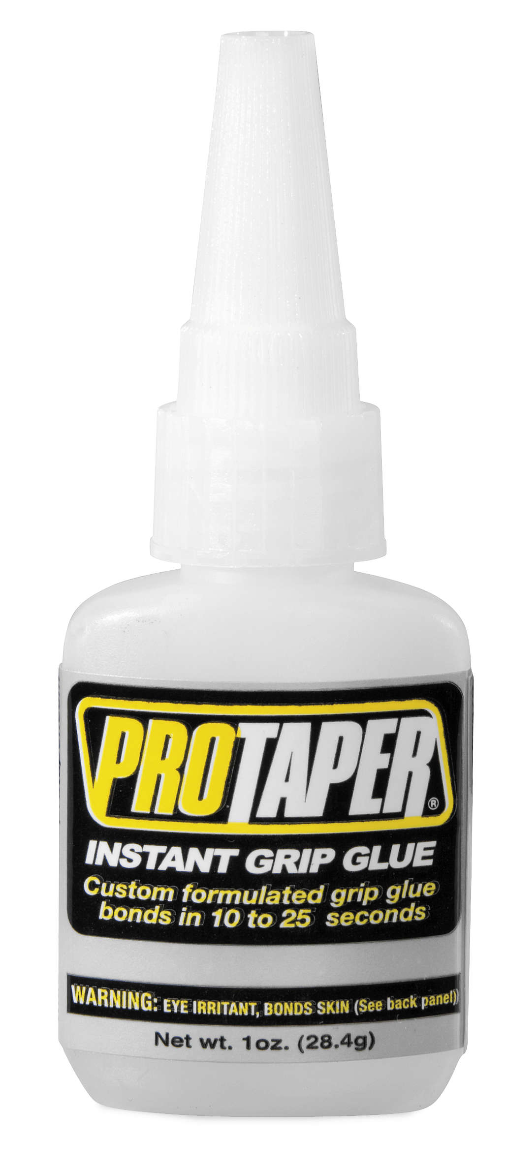 Pro Taper Instant Grip Glue in a white plastic bottle with a pointed nozzle, featuring a black and yellow label, designed for quick bonding in 10 to 25 seconds.