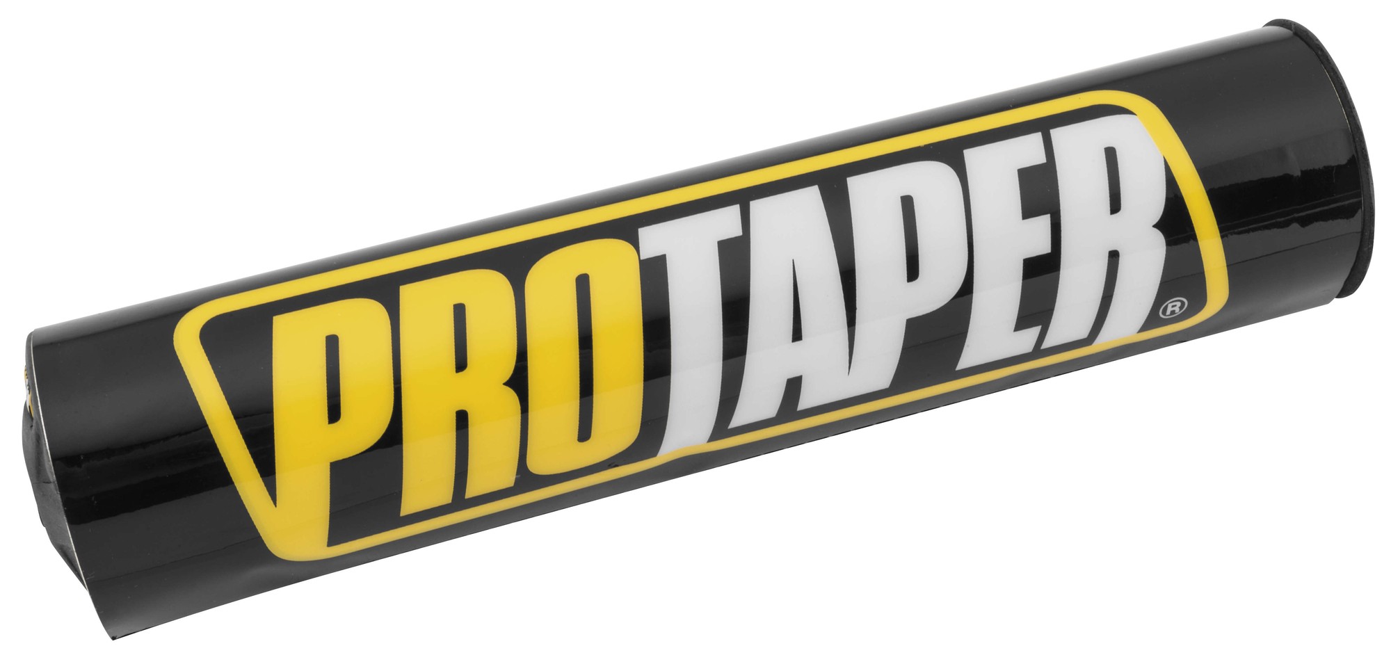 Black foam motorcycle handlebar grip with a glossy finish, featuring bold yellow and white "PRO TAPER" branding for enhanced comfort and control.