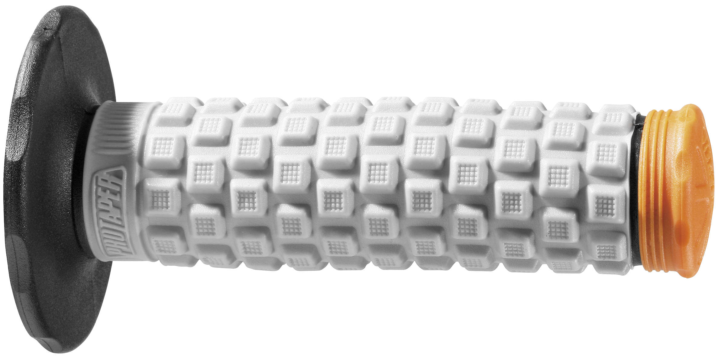 Pro Taper Pillow Top Tri Density Grips in orange and gray, featuring a textured surface for grip, a black end cap, and a cushioned design for comfort.