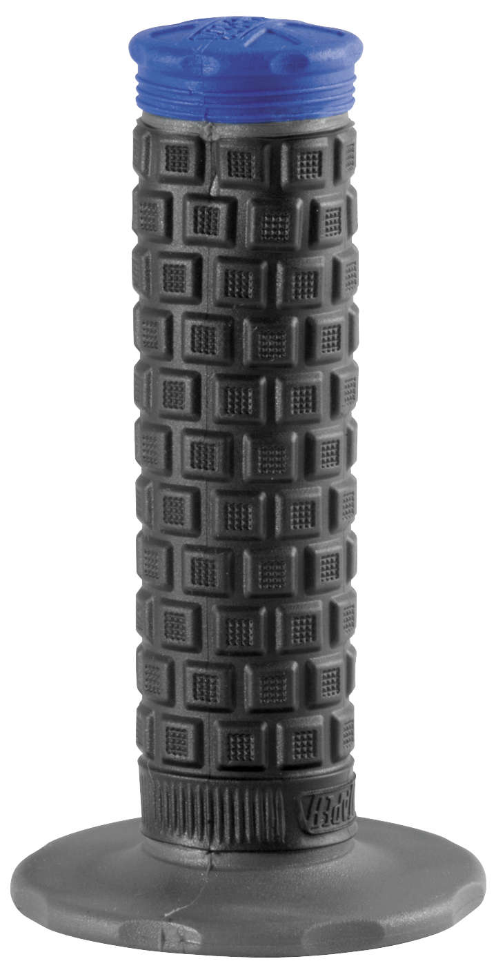 Blue top cap with textured black rubber grip featuring a tri-density design and a wide base for enhanced comfort and control.