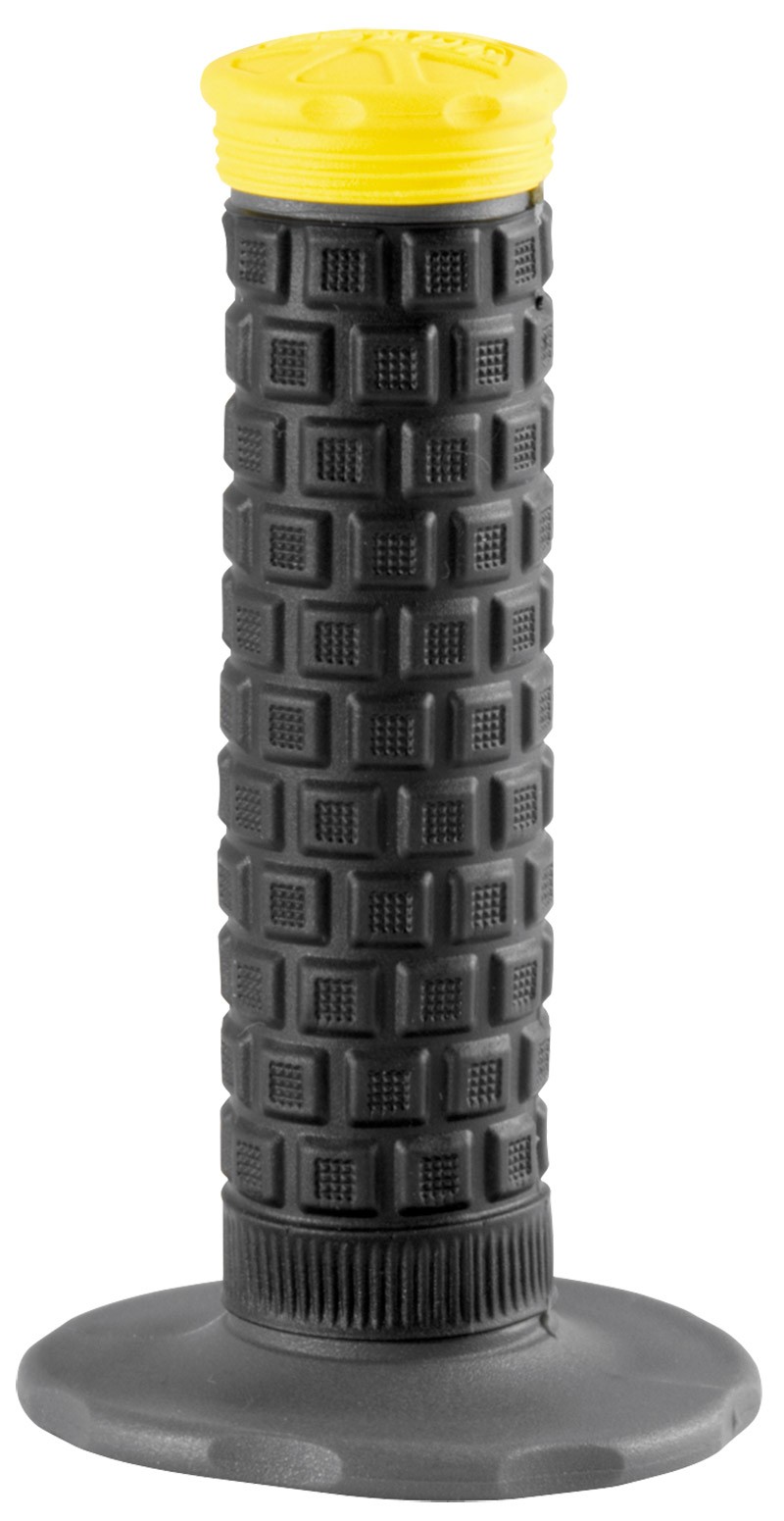 Pro Taper Pillow Top Lite Tri Density Grips in yellow and black, featuring a textured surface with a hexagonal pattern and a rubber base for enhanced grip and comfort.