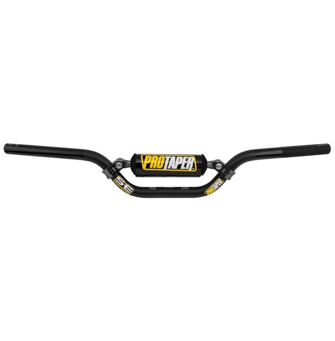 Black aluminum Pro Taper SE MX handlebars with KTM 50 bend, featuring a central pad and yellow branding for enhanced grip and control.