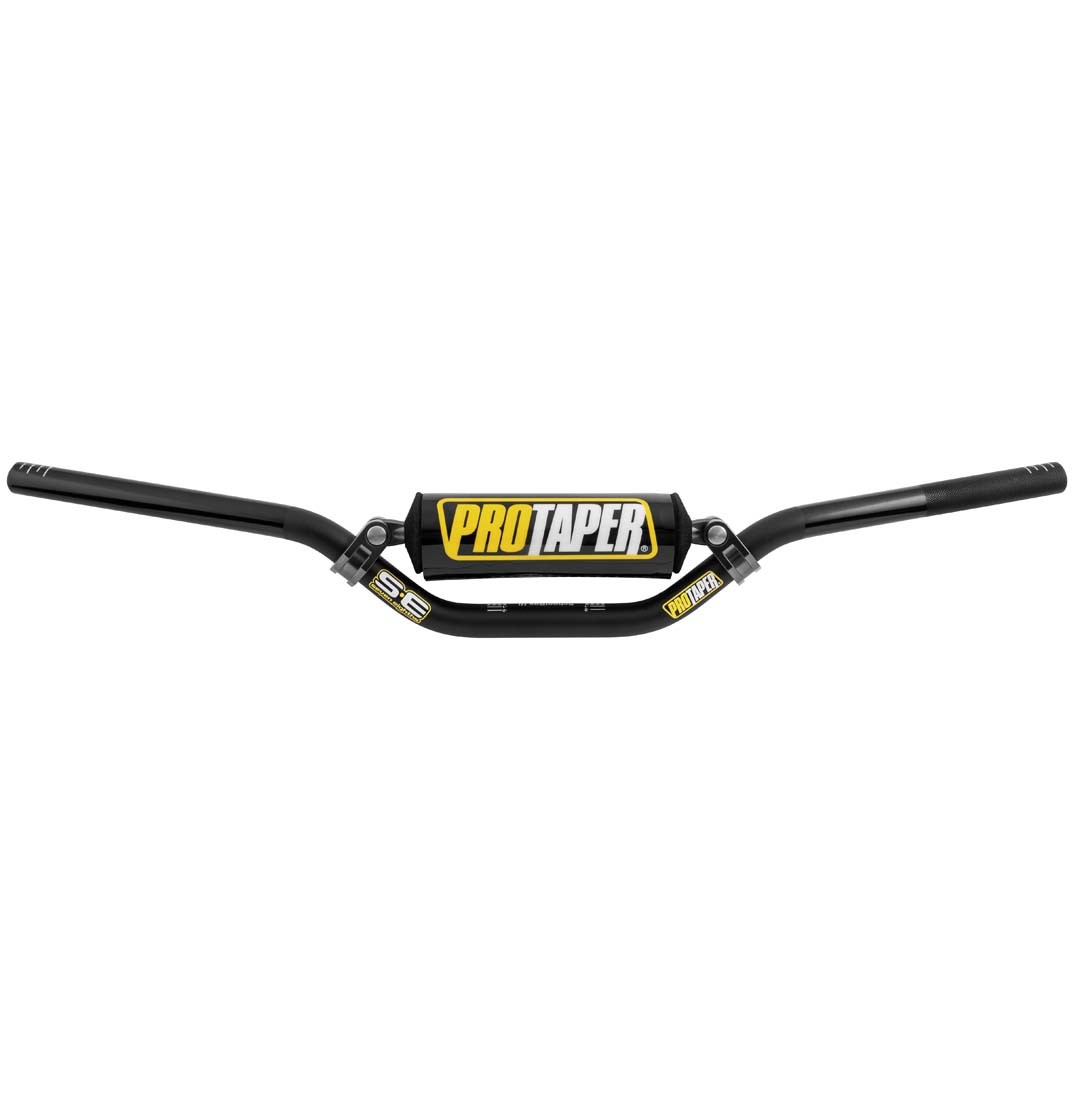 Black Pro Taper SE Schoolboy MX handlebars with a high bend design, featuring a prominent yellow and black logo and textured grips for improved handling.