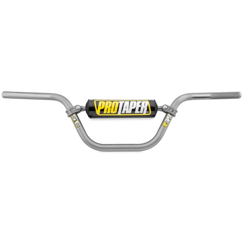 High-bend motocross handlebars in silver aluminum with a black and yellow Pro Taper logo, designed for optimal grip and control.