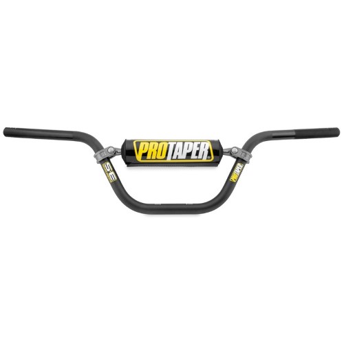 Black aluminum MX pit bike handlebars with a SE XR 50 bend, featuring a yellow "Pro Taper" logo and rubber grips for enhanced control and comfort.