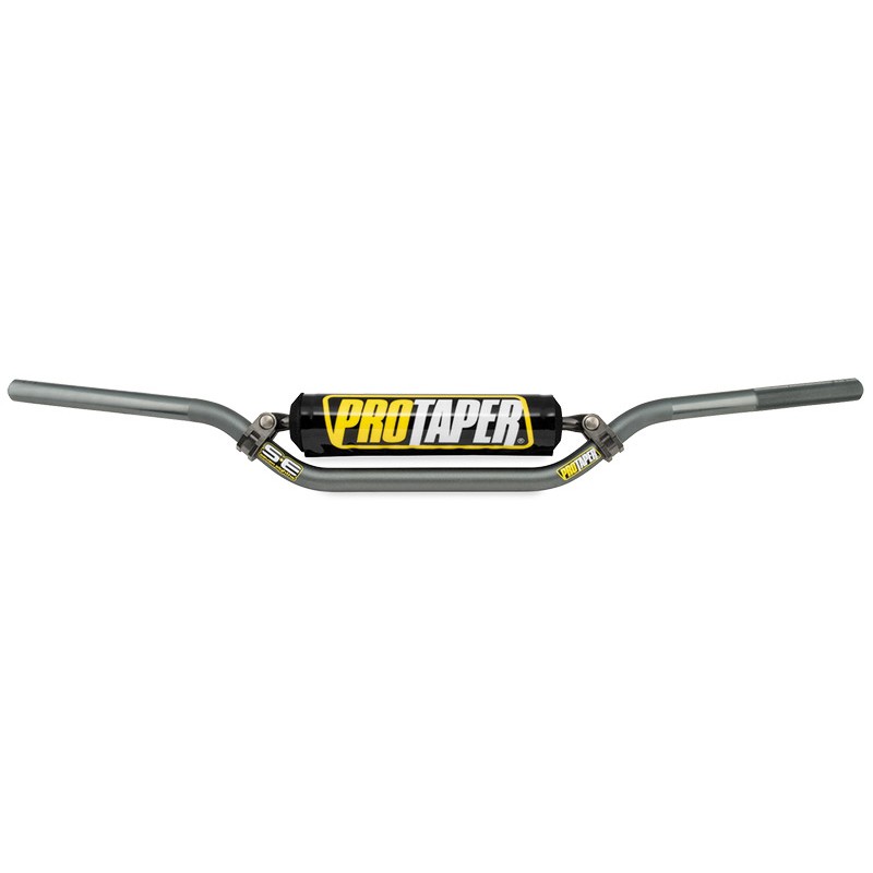 Pro Taper SE MX handlebars in CR High Bend, featuring a black center with bold yellow "Pro Taper" logo and gray aluminum ends, designed for motocross performance.