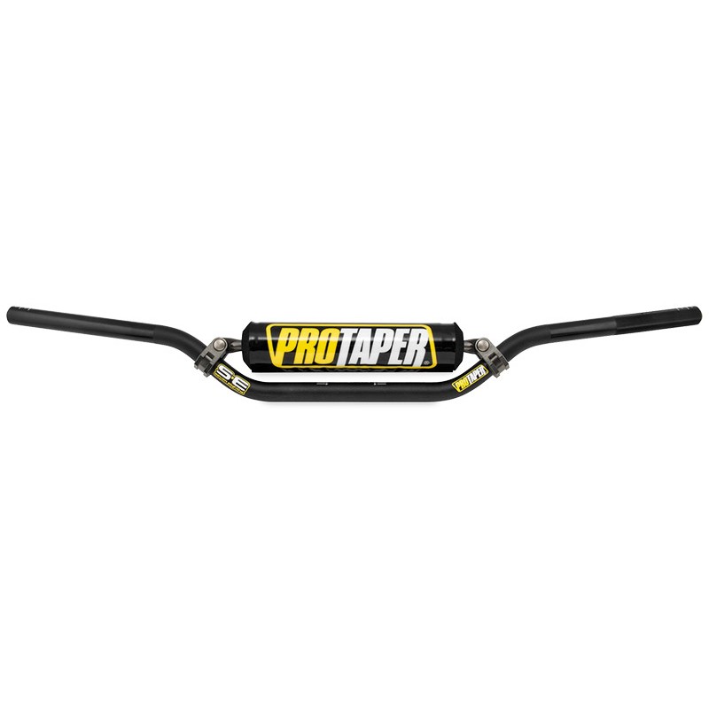 Black aluminum motocross handlebars with a Windham bend, featuring a central pad with "Pro Taper" branding in yellow and black, designed for enhanced grip and control.