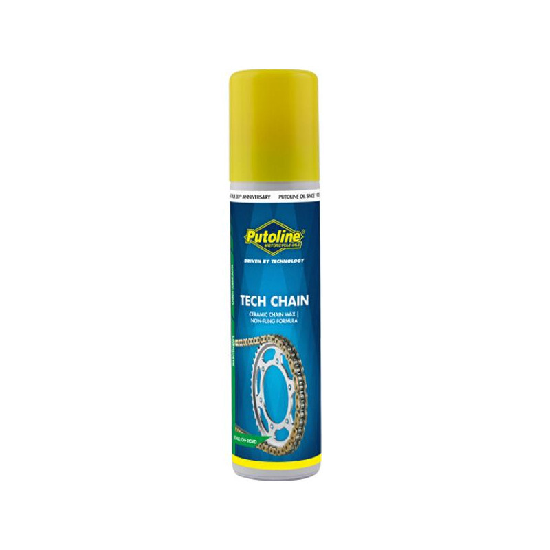 Putoline Tech Chain lubricant in a blue and yellow aerosol can, featuring a graphic of a bicycle chain and text highlighting its ceramic formula for enhanced performance.