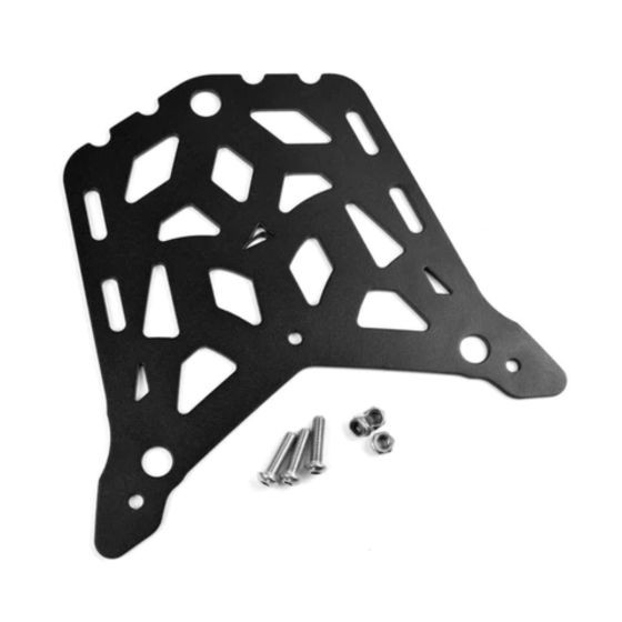 Black metal motorcycle seat rack with a geometric cut-out design, featuring mounting holes and accompanied by screws for installation.