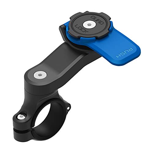 Black and blue Quad Lock motorcycle handlebar mount featuring a durable plastic construction, adjustable arm, and a secure locking mechanism for smartphones.