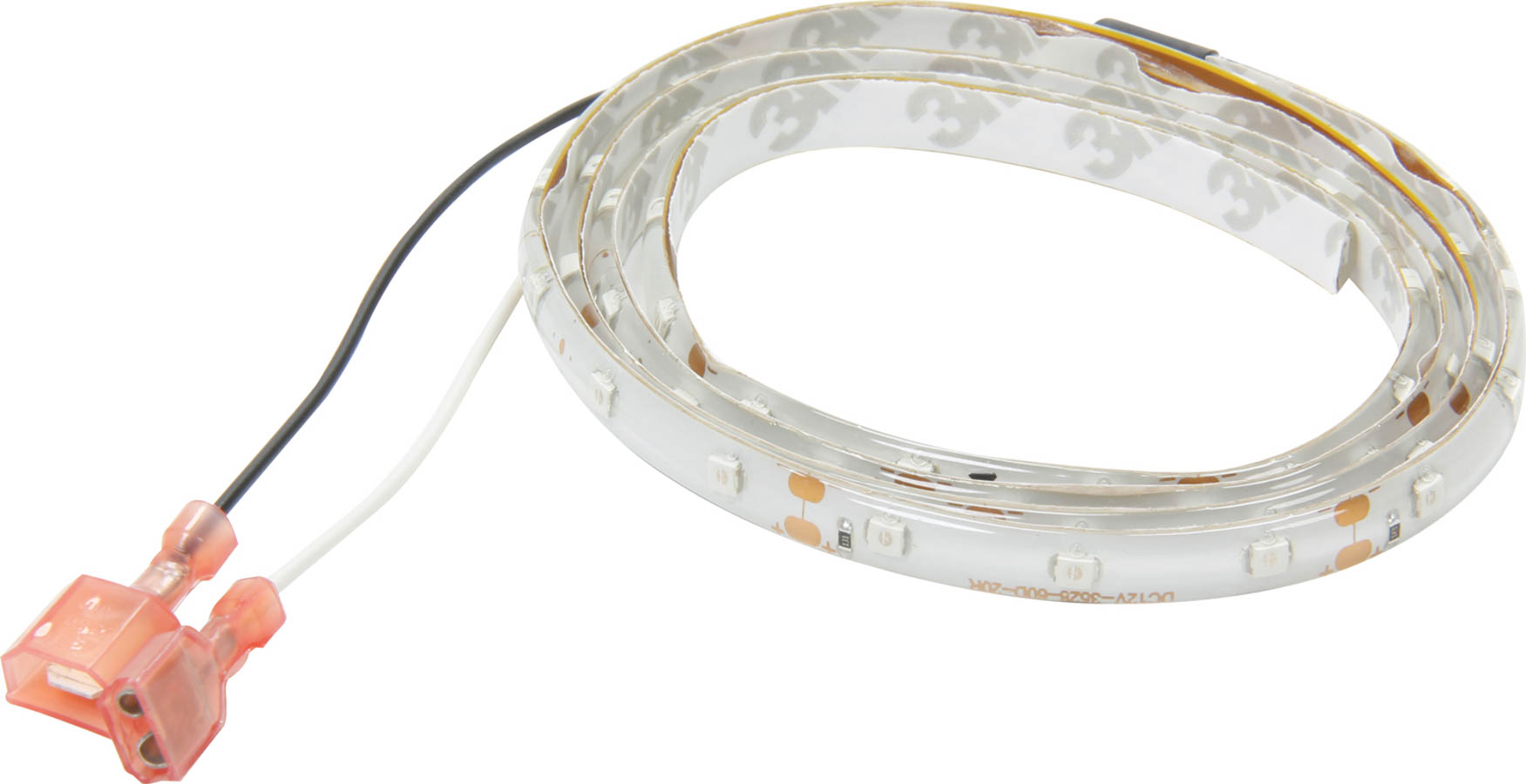 Purple LED light strip with a flexible design, featuring a clear plastic casing, multiple small light nodes, and two connector wires at one end.