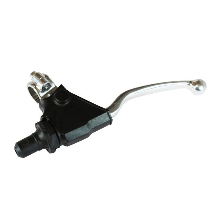 Raceline clutch lever assembly featuring a black plastic body, silver metal lever, and a sleek design, compatible with Kawasaki KXF250 (2011-2019) and KXF450 (2009-2018) models.