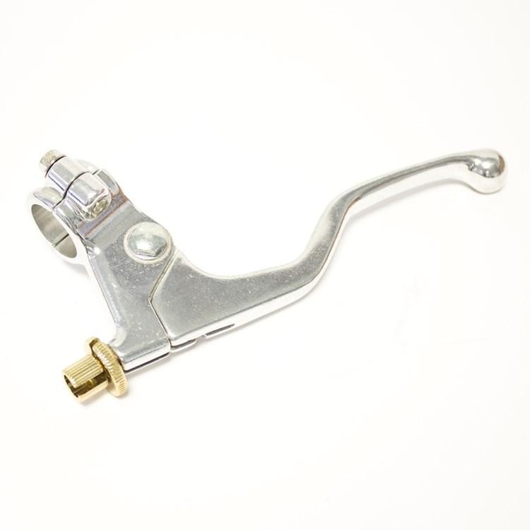Silver metal clutch lever assembly with a short lever, featuring a gold adjustment knob and a mounting bracket for easy installation.