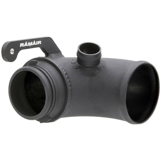 Black plastic turbo intake elbow with a smooth curved design, featuring a side mounting bracket and a smaller inlet for additional connections, branded with "RamAir."