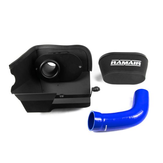 RamAir Performance Induction Kit featuring a black plastic airbox, a blue silicone hose, and a foam filter, designed for enhanced engine airflow and performance.