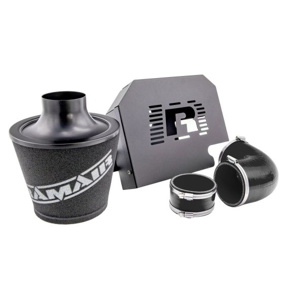 RamAir Performance Induction Kit featuring a black silicone hose, a textured black air filter, and a metal ECU holder with a cut-out logo, designed for enhanced engine performance.