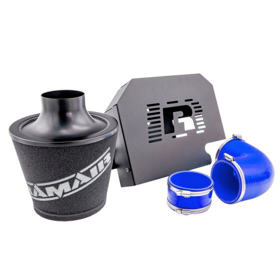 RamAir Performance Induction Kit featuring a black textured air filter, a metal ECU holder, and two blue silicone hoses with clamps for enhanced airflow and performance.