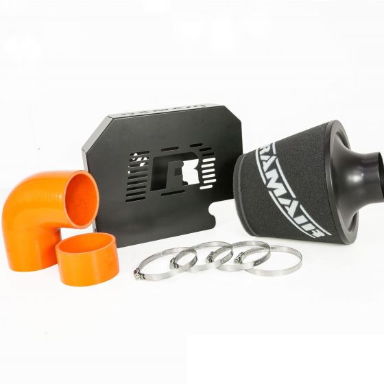 RamAir Performance Induction Kit featuring black ECU holder, orange silicone hoses, a black air filter with a branded logo, and metal clamps for secure installation.