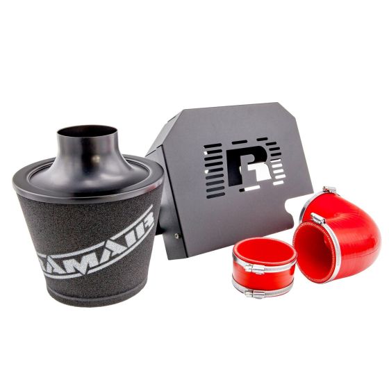 RamAir Performance Induction Kit featuring a black cone filter, metal ECU holder, and red silicone hoses, designed for enhanced airflow and performance.