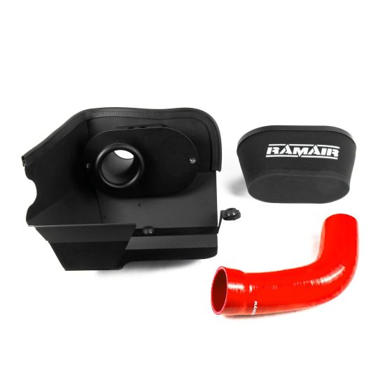 RamAir Performance Induction Kit featuring a black plastic airbox, a foam filter, and a vibrant red silicone hose for enhanced airflow and performance.