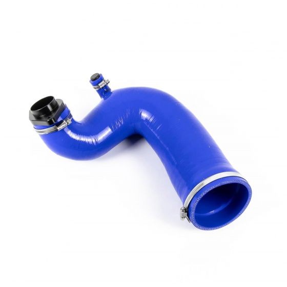 Blue silicone RamAir performance intake hose featuring a turbo adaptor, with smooth curves and metal clamps for secure attachment.