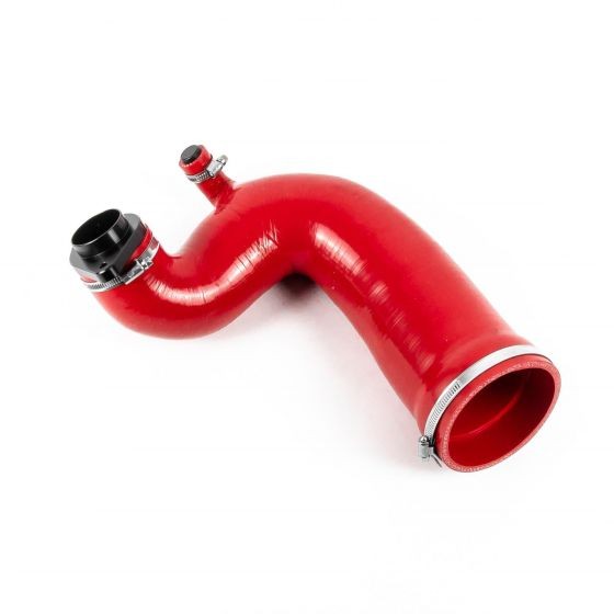 Red silicone performance intake hose with a turbo adaptor, featuring smooth curves and metal clamps for secure attachment.