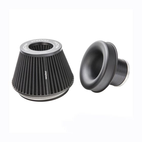 Black multi-fit cone air filter with a textured surface and a velocity stack, featuring a silver clamp and a sleek design, suitable for various automotive applications.