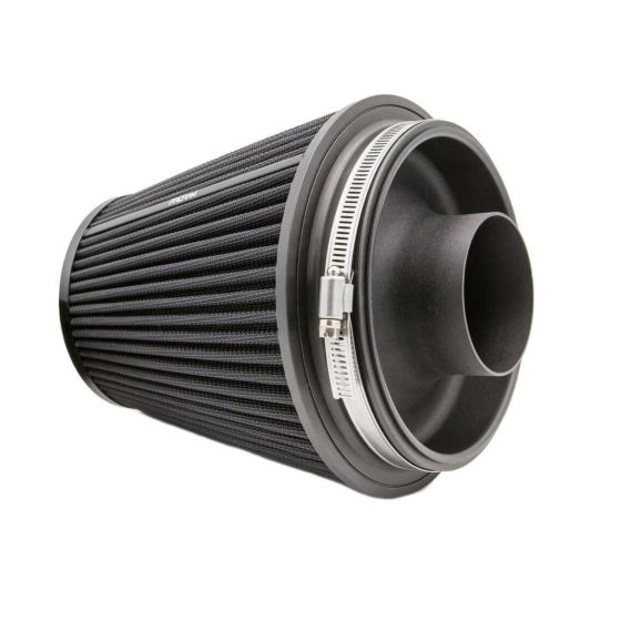 Black multi-fit cone air filter with a textured surface, featuring a velocity stack and a metal clamp, measuring 178mm in height and 76mm in diameter.