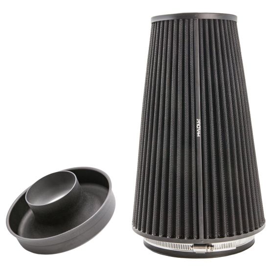 Black multi-fit cone air filter with a ribbed design and a shiny metal base, accompanied by a removable velocity stack in a matte black finish, measuring 300mm and 102mm.