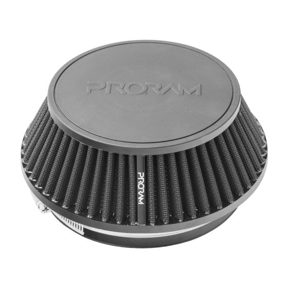 Black cone air filter with a textured surface and pleated design, featuring a velocity stack and marked with "PRORAM" on the top. Fits 63mm and 70mm applications.